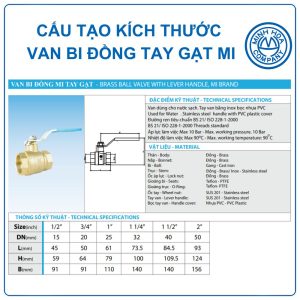 Cấu tạo kích thước Van bi đồng tay gạt MI