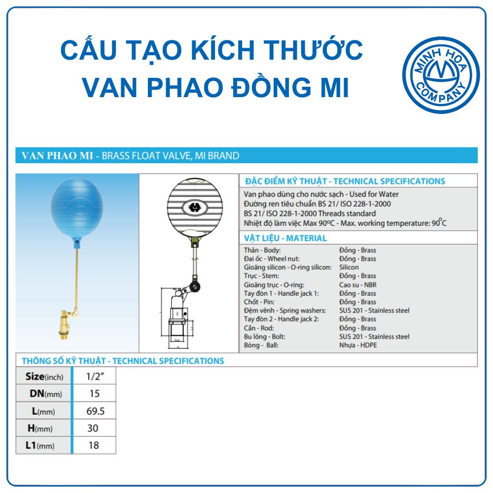Cấu tạo kích thước Van phao đồng MI