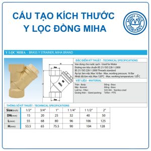 Cấu tạo kích thước Y lọc đồng Miha