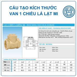 Cấu tạo kích thước van 1 chiều đồng lá lật Mi