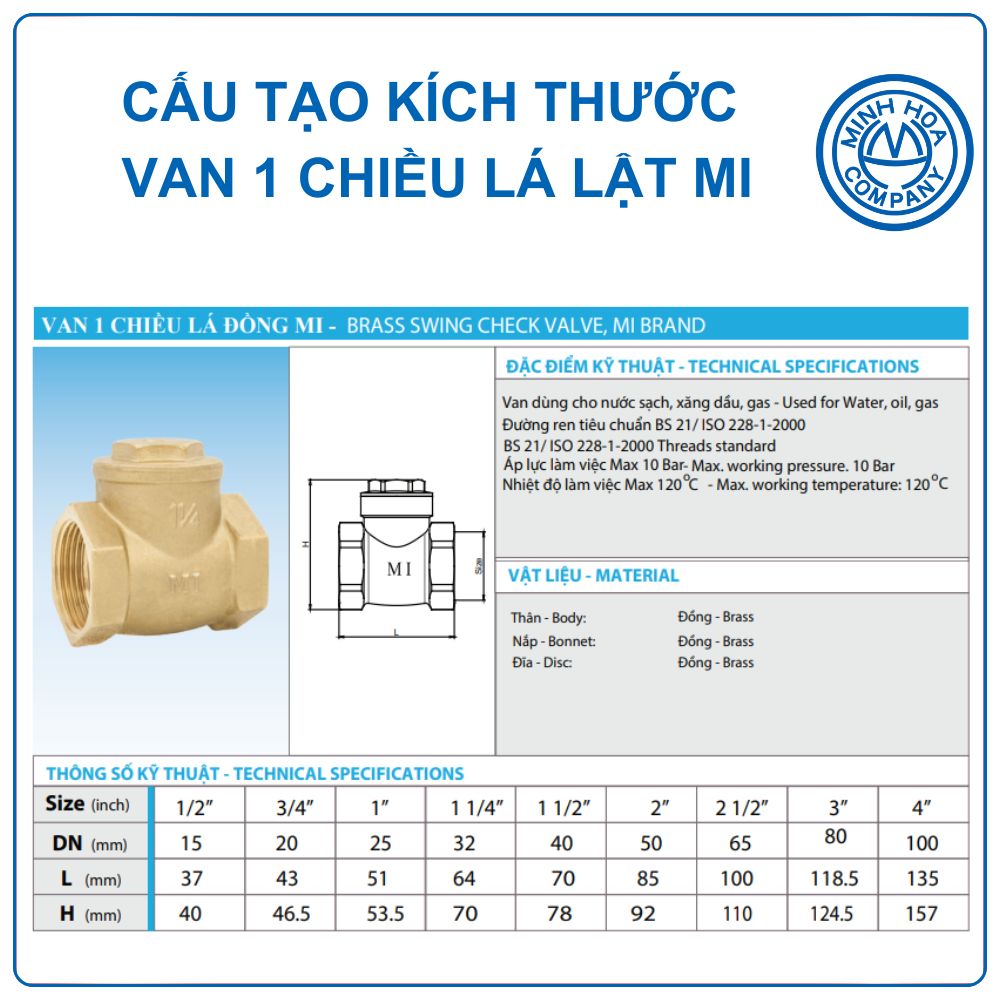 Cấu tạo kích thước van 1 chiều đồng lá lật Mi