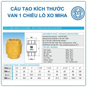 Cấu tạo thông số kích thước Van 1 chiều đồng lò xo MIHA