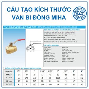 Cấu tạo thông số kích thước Van bi đồng tay gạt Miha